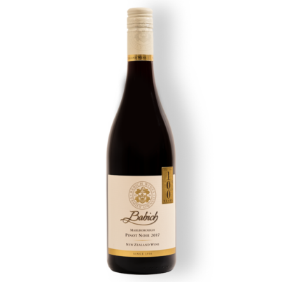 Babich Marlborough Pinot Noir 2017, un vin rouge de Nouvelle-Zélande, à servir à 12°C, avec un potentiel de garde de 5 ans.